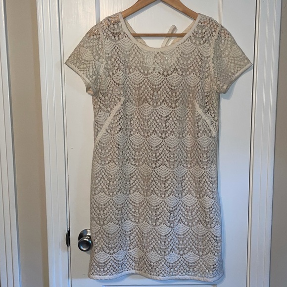 LOFT Cream Laced Sleeved Mini Dress - Picture 1 of 4